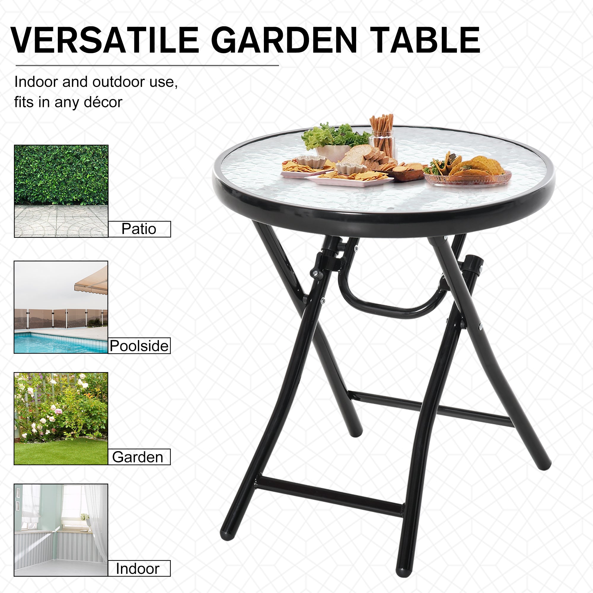 Kozy Foldable Garden Table, Round Folding Table with Glass Tabletop and Safety Buckle for Patio, Garden, Outdoor, Indoor, Black