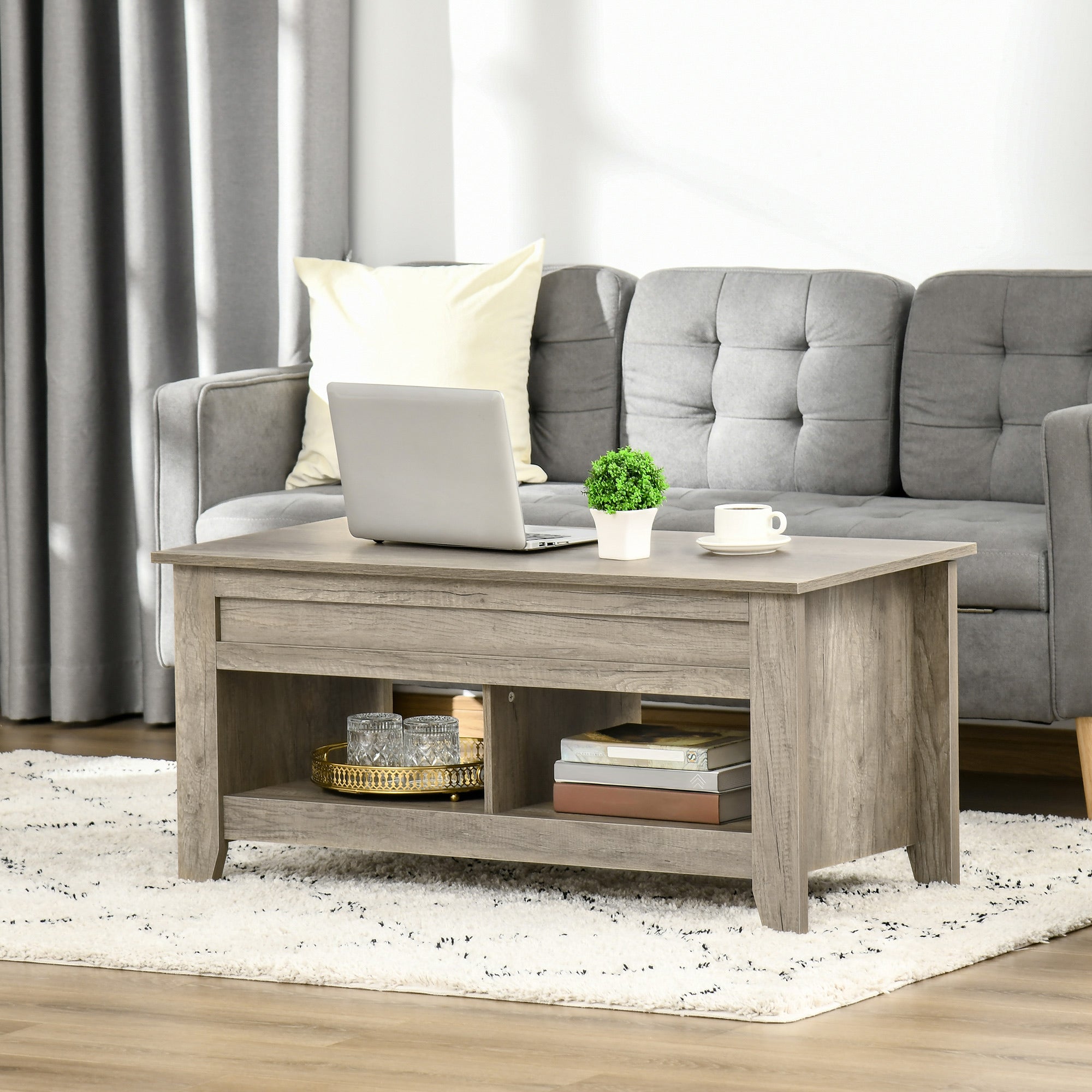 Kozy Lift Top Coffee Table w/ Hidden Storage Compartment Open Shelves Lift Tabletop Pop Up Centre Table for Living Room Oak Effect