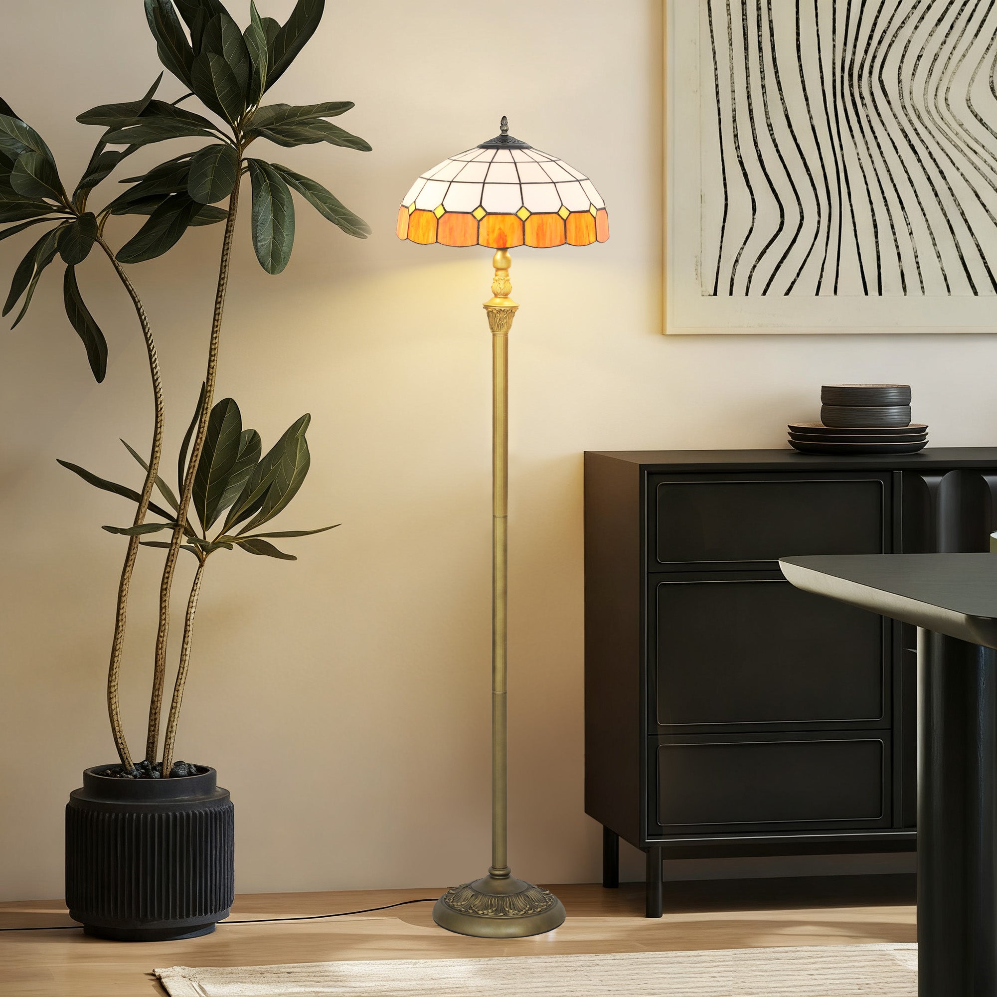 Kozy Tiffany-Style Floor Lamp with Handcrafted Stained Glass Shade, 152cm Tall Vintage Standing Lamp with Foot Switch and Dual Sockets for Living Room Bedroom, Bronze Tone and Orange
