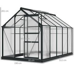 Kozy 6 x 10ft Polycarbonate Greenhouse, Large Walk-In Green House with Slide Door and Window, Garden Plants Grow House with Aluminium Frame and Foundation, Grey