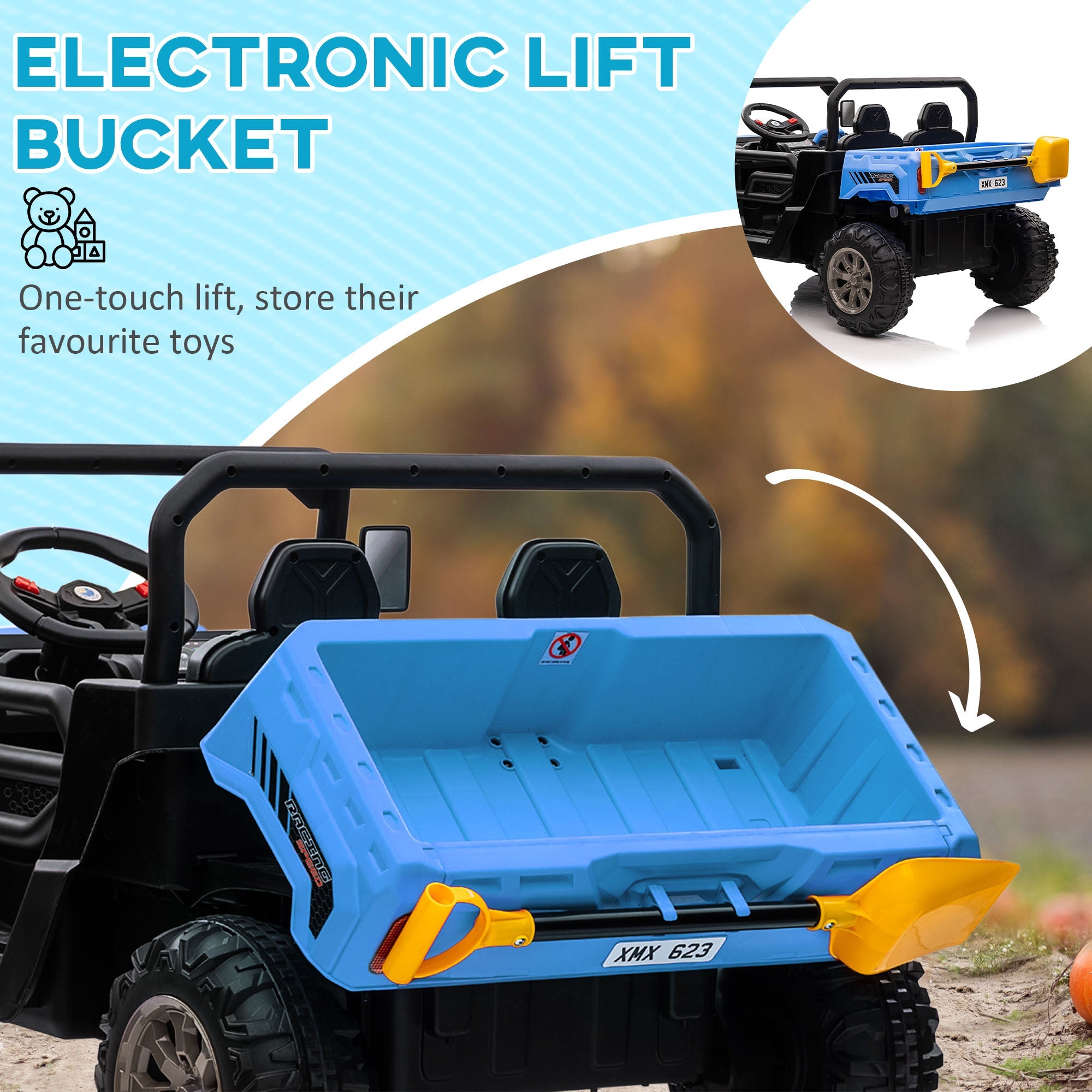 HOMCOM 12V Two-Seater Kids Electric Ride-On Car, with Electric Bucket, Remote Control - Blue