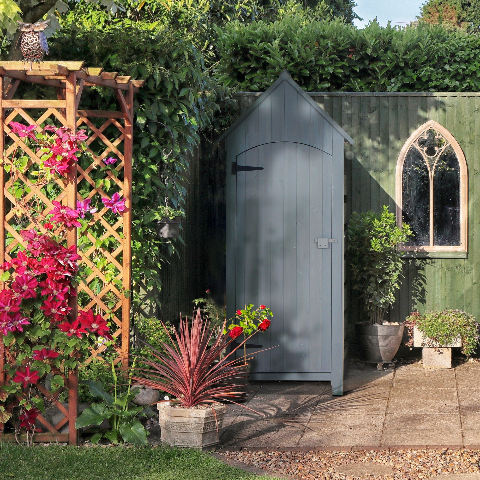 Kozy Wooden Garden Storage Shed with 3 Shelves, Outdoor Tool Storage Cabinet with Tilt Roof and Lockable Door, 77.5 x 54.2 x 179.5 cm, Grey