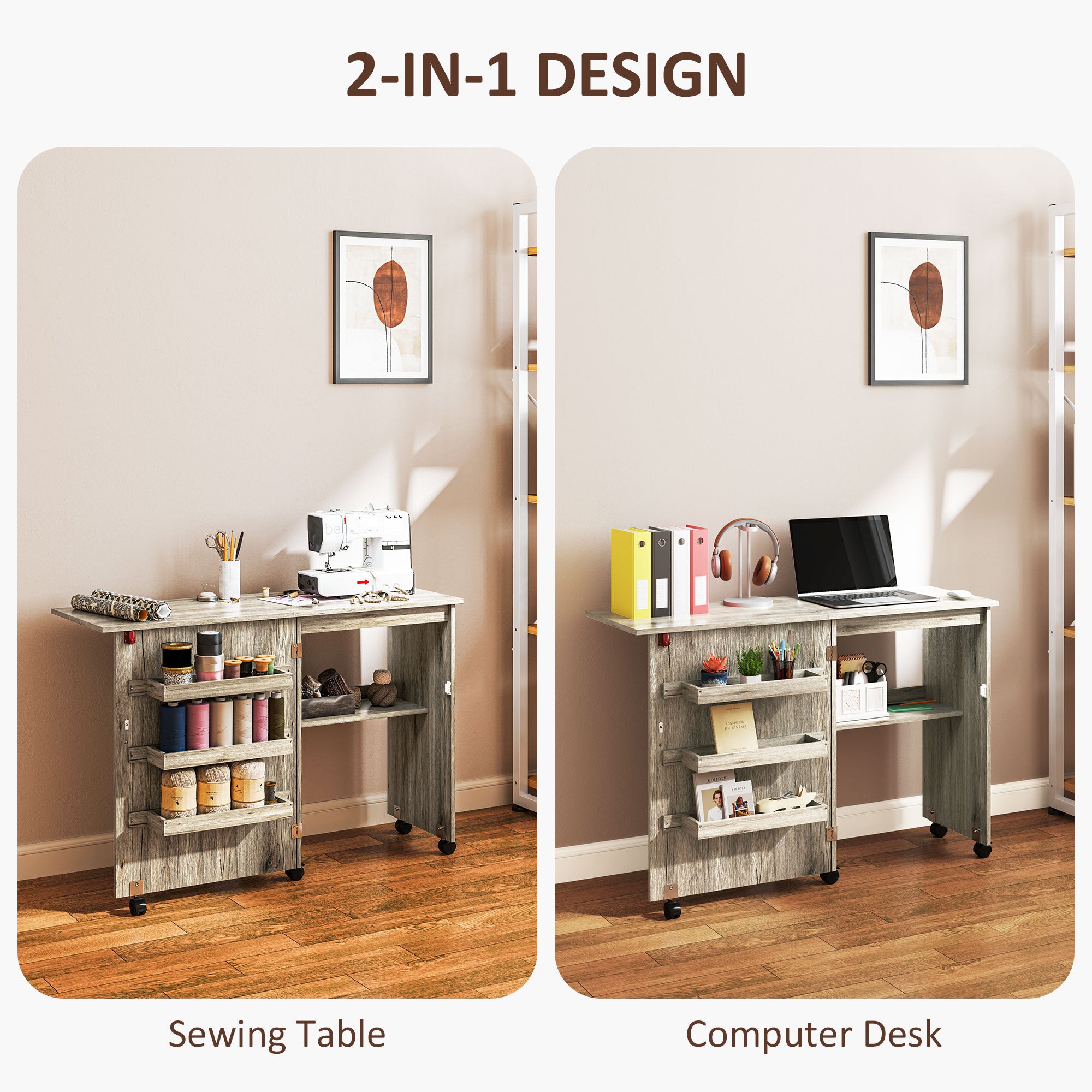 Kozy Folding Sewing Table, Drop Leaf Craft Table with Storage Bins, Open Shelf and Wheels, Rolling Sewing Machine Cabinet Computer Desk for Small Space, Grey