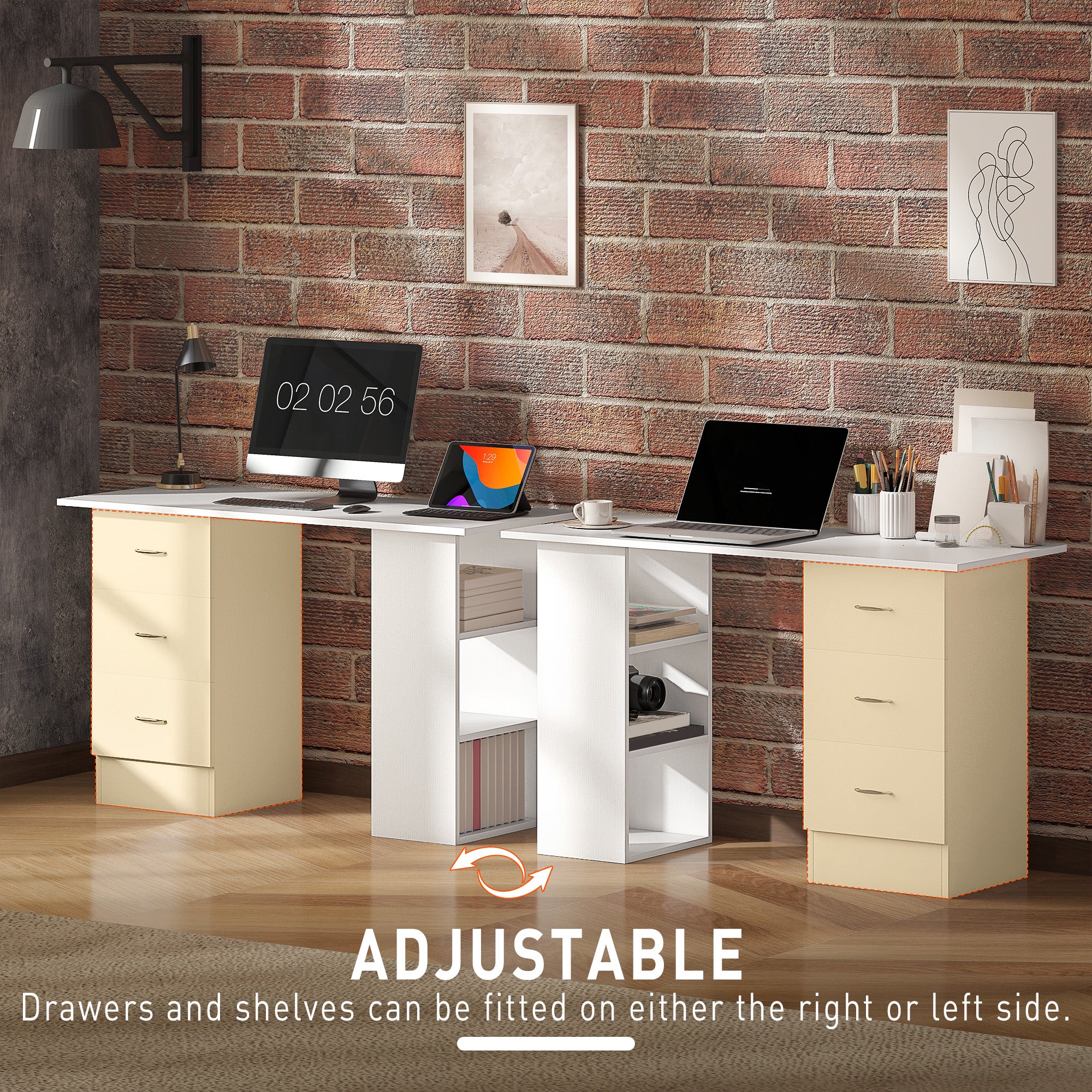 Kozy - Computer Desk, Writing Table, PC Workstation with 3 Storage Shelves and Drawers, Silver Handle, for Home Office, White