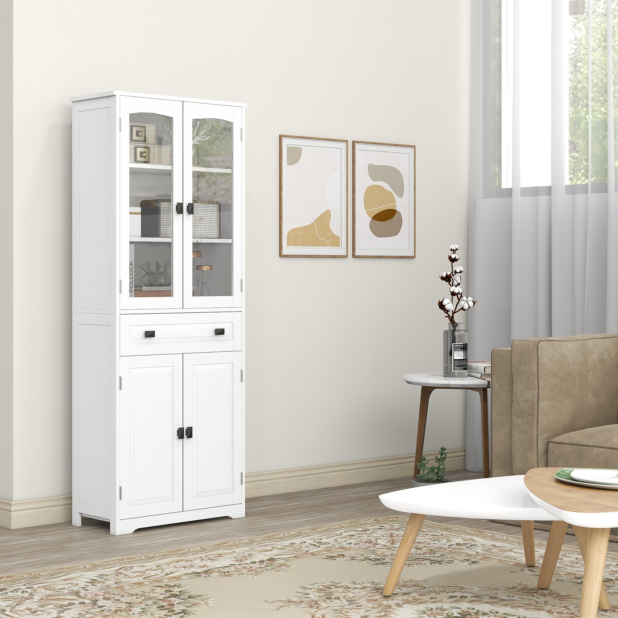HOMCOM Kitchen Cupboard, Freestanding Storage Cabinet w/ 2 Adjustable Shelves, Drawer & Glass Door for Living Room, Dining Room, 160cm | Aosom UK