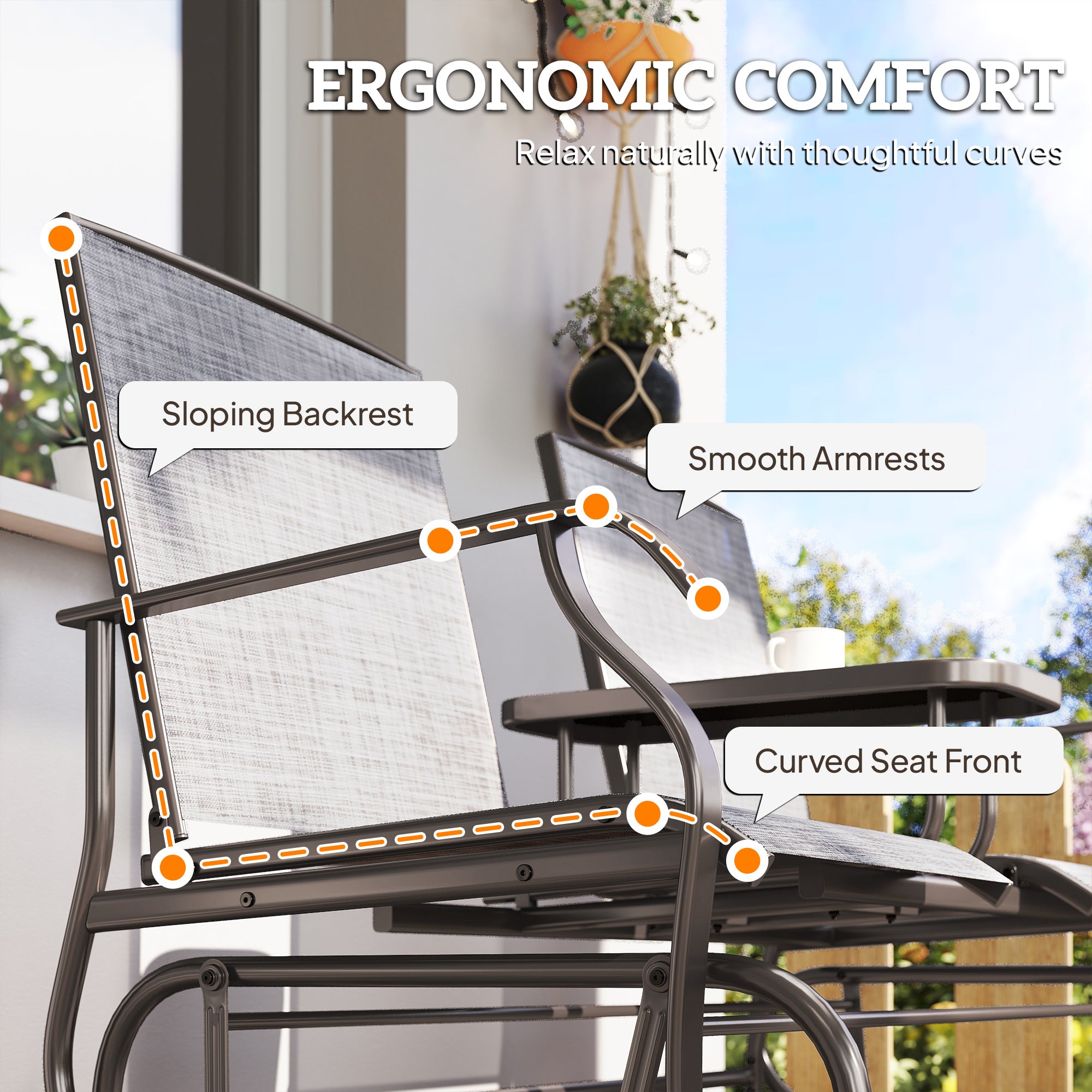 Kozy 2 Seats Garden Glider Bench, Metal Frame Loveseat with Glass Top  Centre Table, Porch Rocking Glider for 2 Person, for Deck, Patio, Brown/ Grey