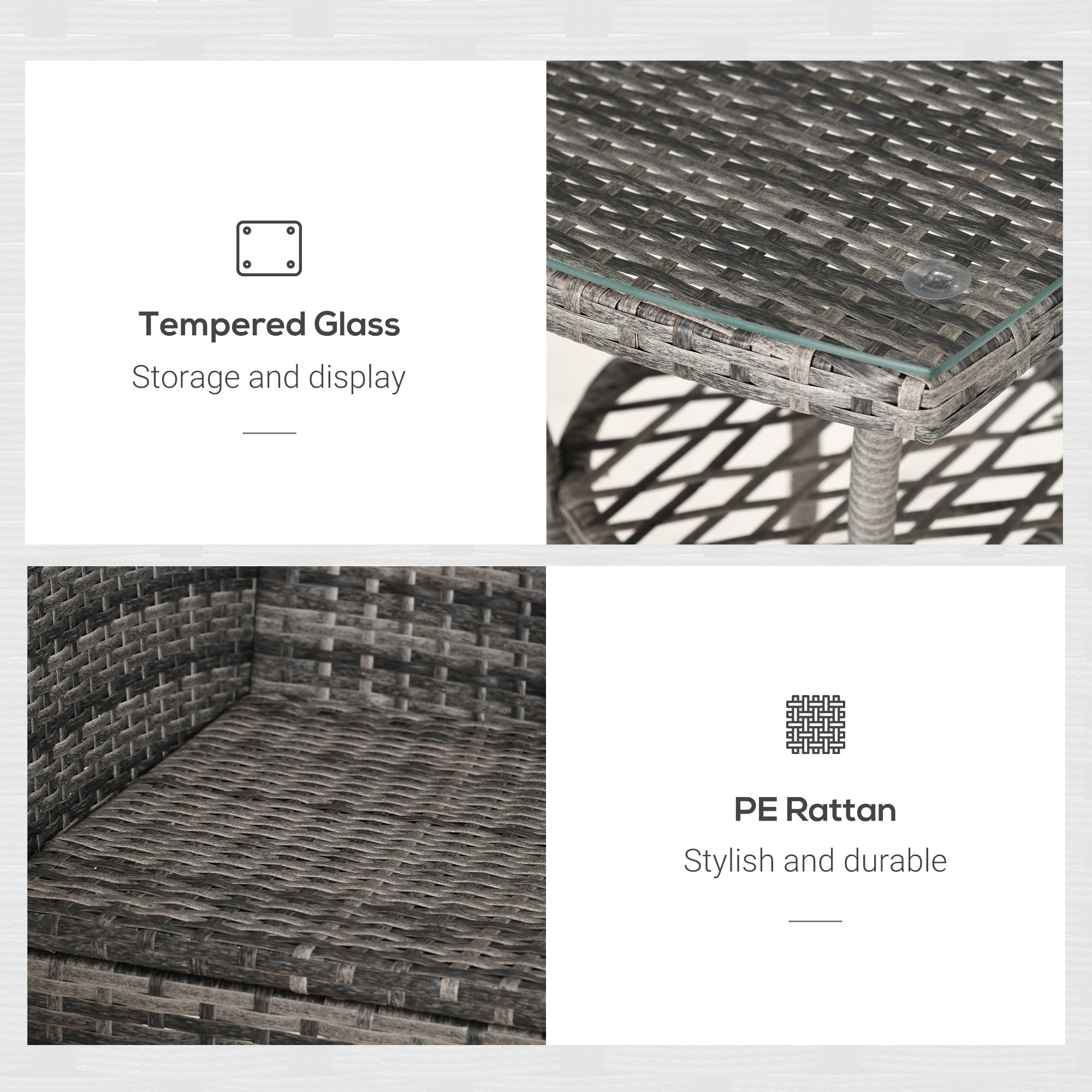 Kozy 3 Pieces Rattan Bistro Set, Wicker Garden Furniture Set with 2-Tier Coffee Table and Chairs, Washable Cushions, for Outdoor Patio Balcony, Mixed Grey