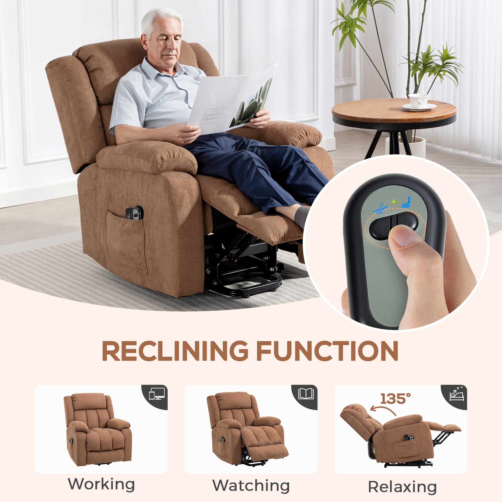 Kozy Power Lift Recliner Chair with Massage, Overstuffed Lift Chair for Elderly with Footrest, Remote and Side Pocket, Brown