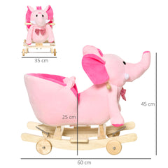 HOMCOM 2 In 1 Plush Baby Ride on Rocking Horse Elephant Rocker with Wheels Wooden Toy for Kids 32 Songs (Pink)