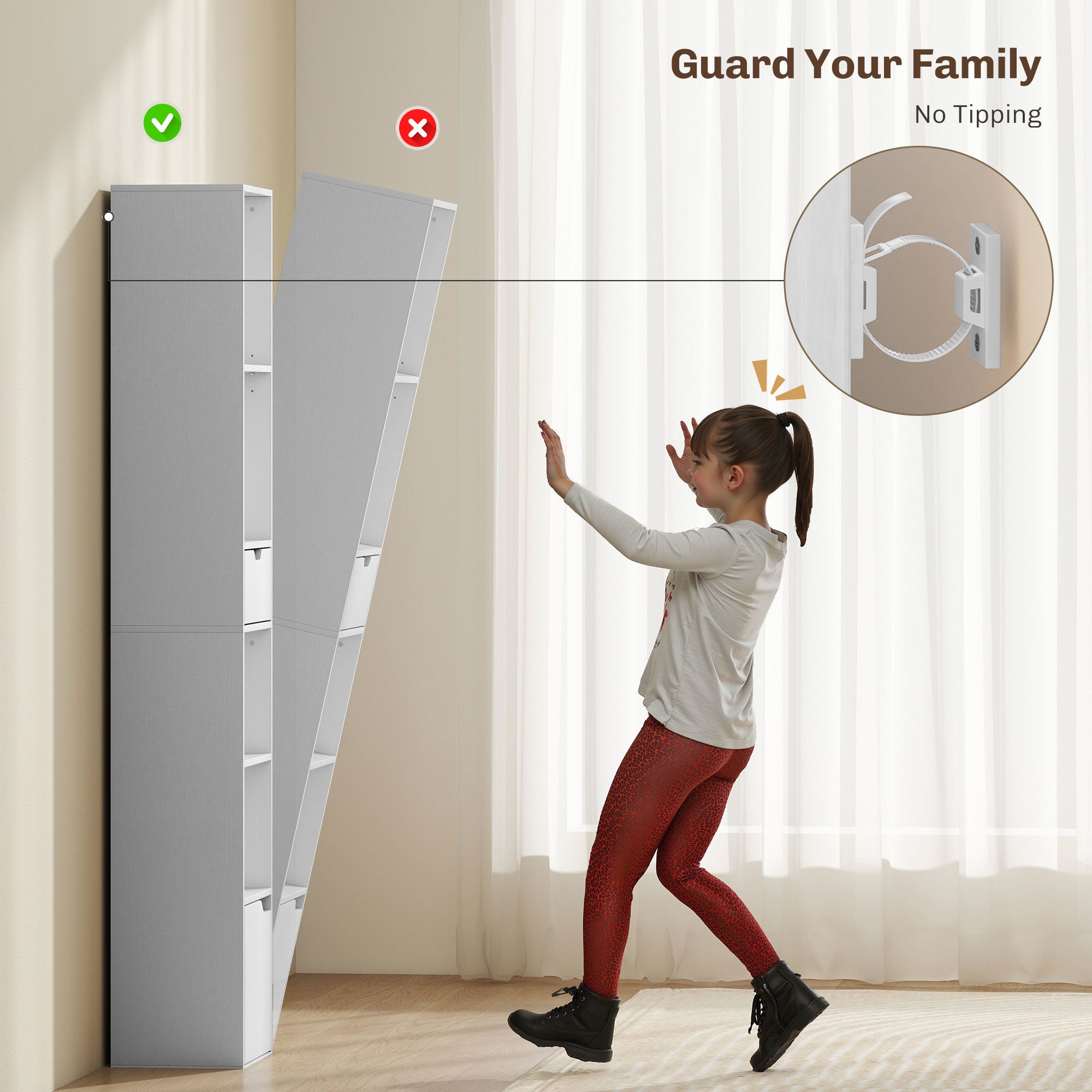 Kozy 6-Tier Bookcase, Tall Narrow Bookshelf with Drawer and Door - White