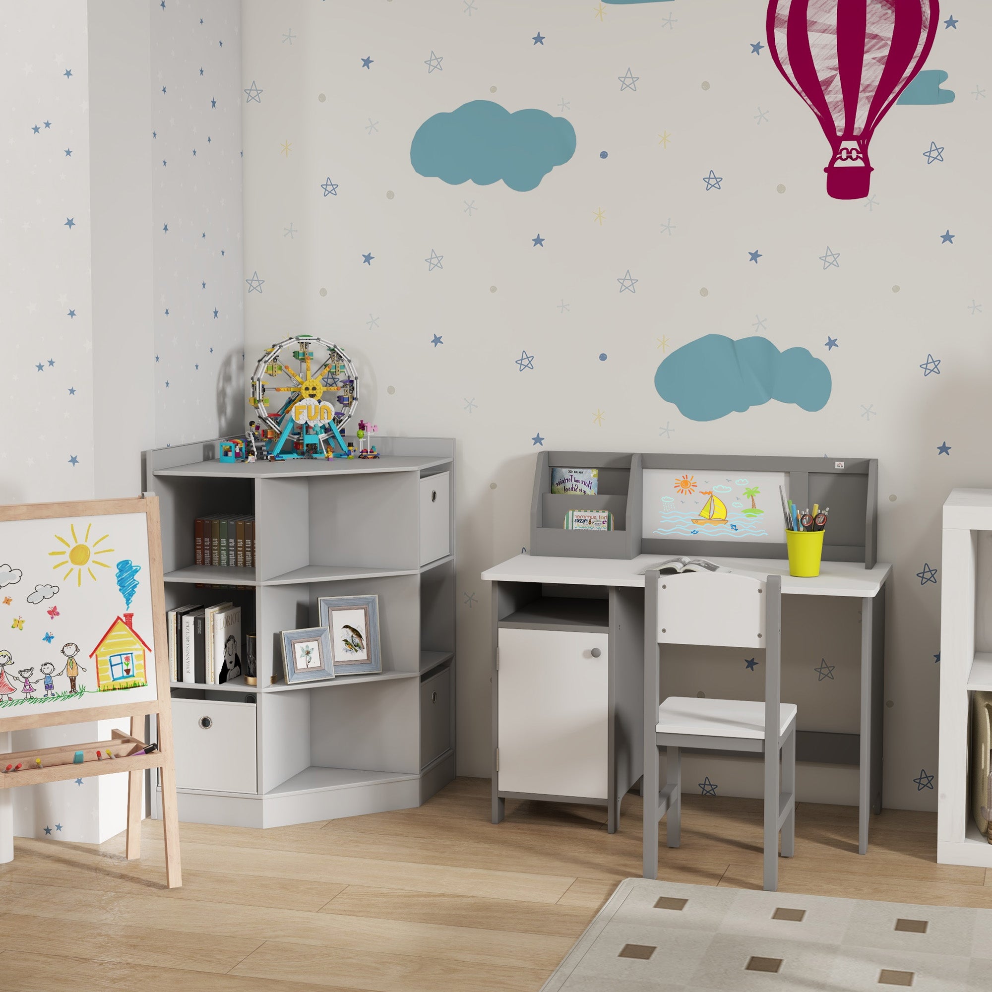 Kozy Kids Bookcase, 3 Tier Toy Organiser Storage Unit BookShelf with 3 Non-woven Fabric Drawers, Anti-tip Device, for Bedroom, Children's Room, Playroom, Grey