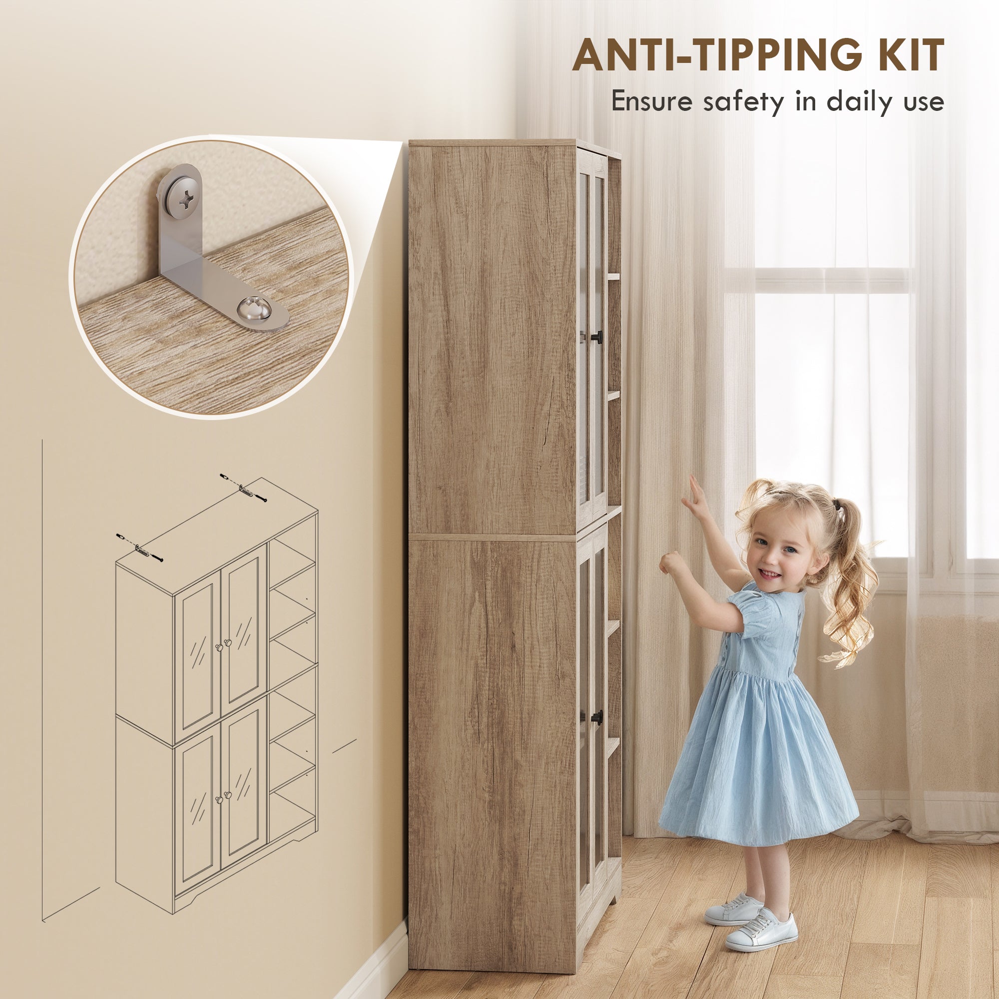 Kozy Multi-Storage Kitchen Cabinet, with Glass Doors - Grey Wood-Effect