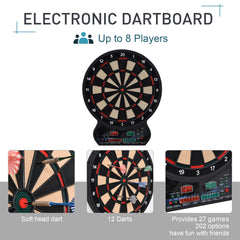 HOMCOM LED Dartboard Electronic Scoreboard 8 Players 27 Games Family Fun w/ 12 Darts 30 Heads Home Office Classic Game