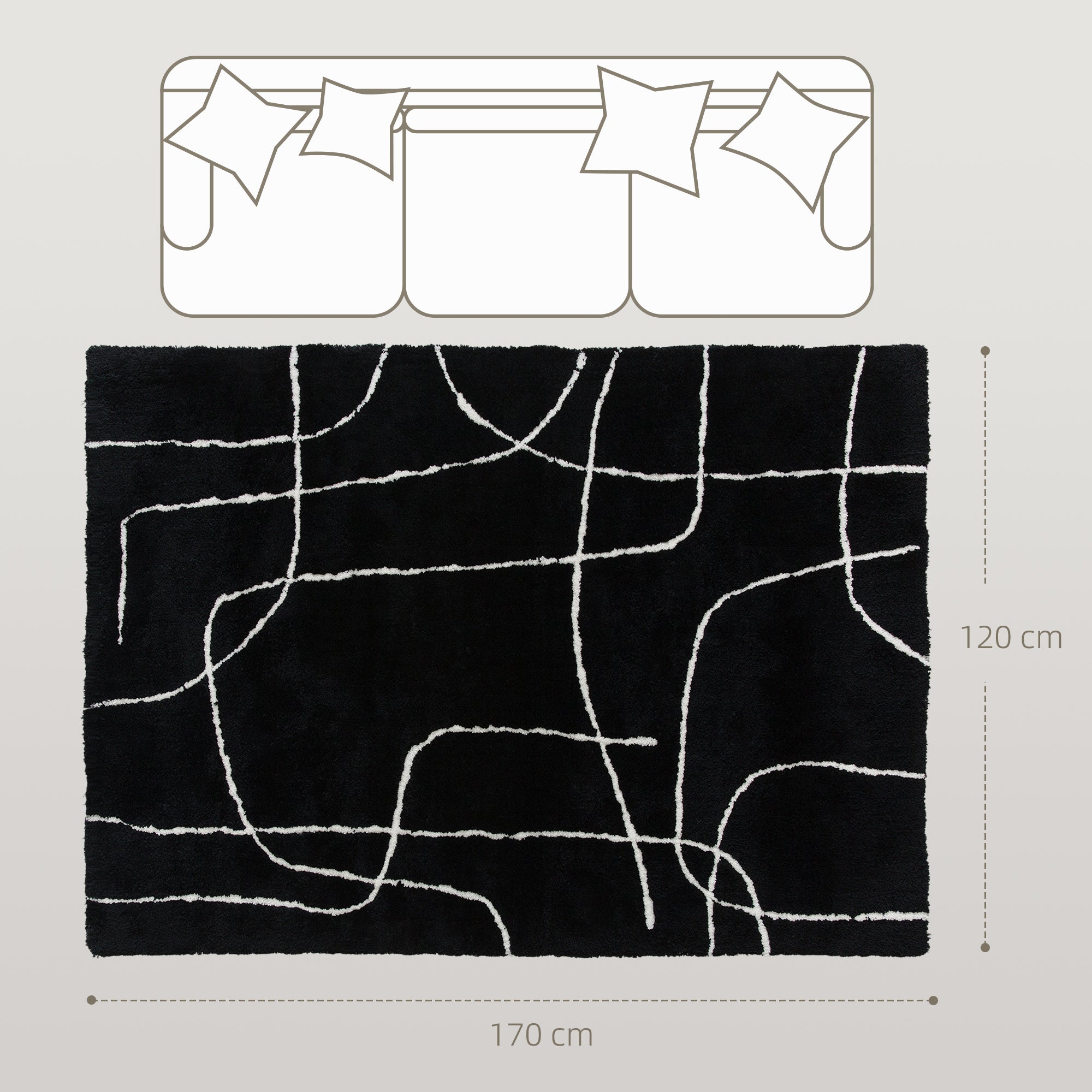 Kozy - Modern Fluffy Area Rug, Geometric Pattern Washable Rug, Soft High Pile Floor Carpet for Living Room, Bedroom, Dining Room, Home Office, 170 x 120 cm, Black