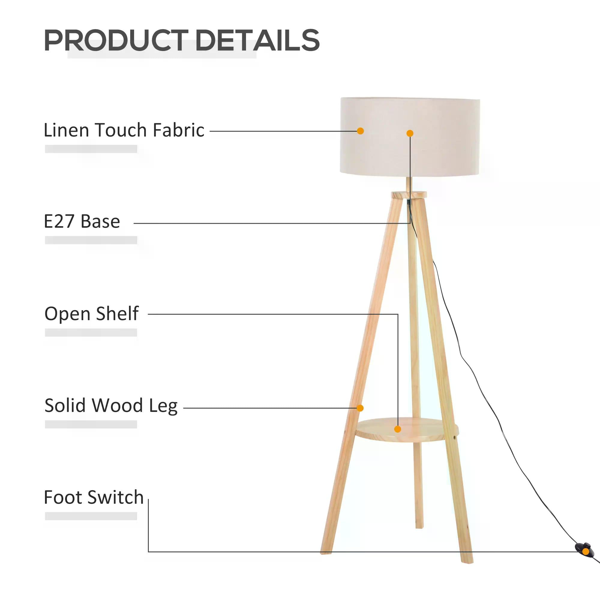 HOMCOM Freestanding Tripod Floor Lamp Bedside Light Reading Light with Storage Shelf Linen Shade for Living Room Bedroom, 154cm, Cream