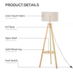 HOMCOM Freestanding Tripod Floor Lamp Bedside Light Reading Light with Storage Shelf Linen Shade for Living Room Bedroom, 154cm, Cream