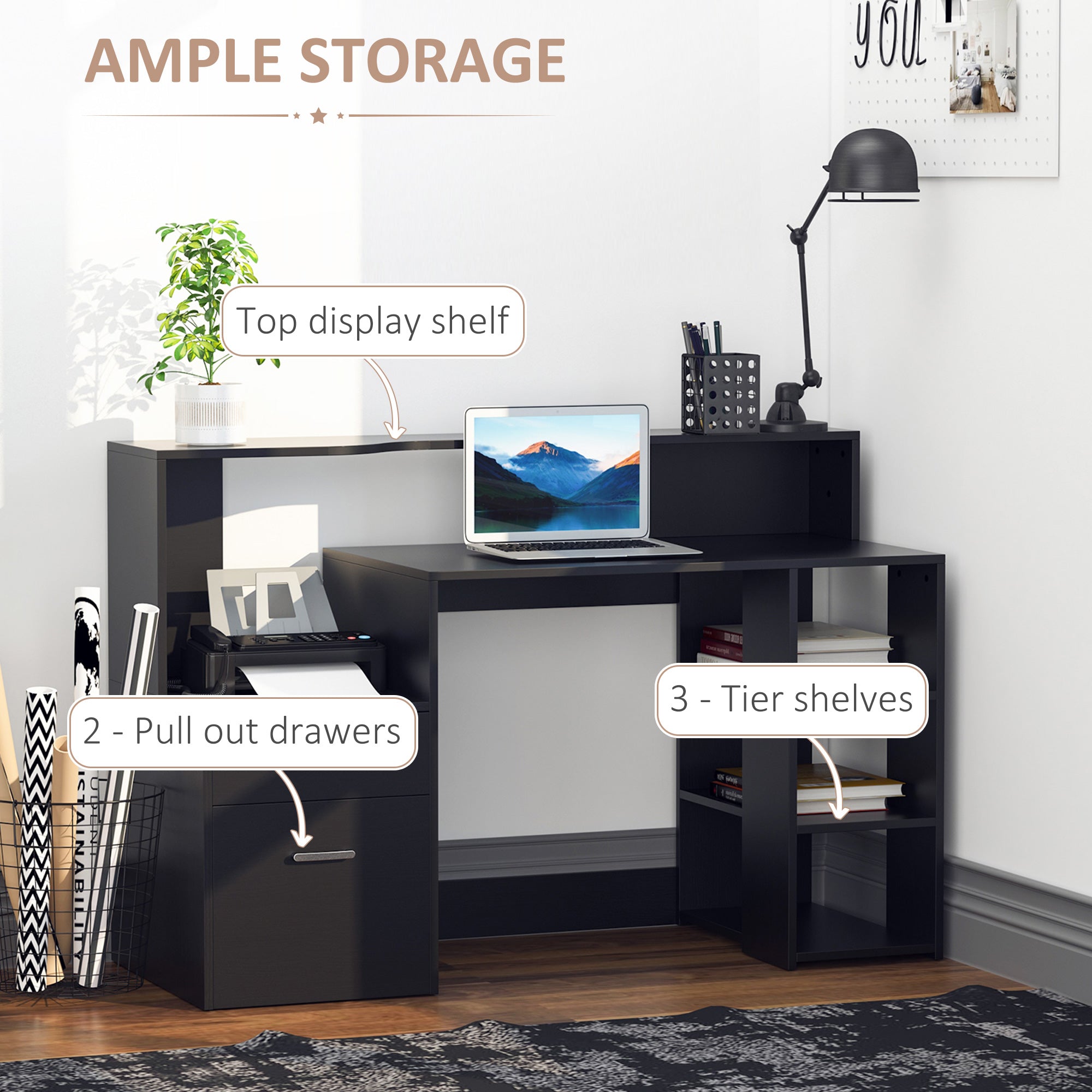 Kozy Computer Desk with Drawers and Storage Shelves, Office Desk Writing Table with Printer Stand, Large Workstation for Study Play Work Home Office, 137 x 55 x 92cm, Black