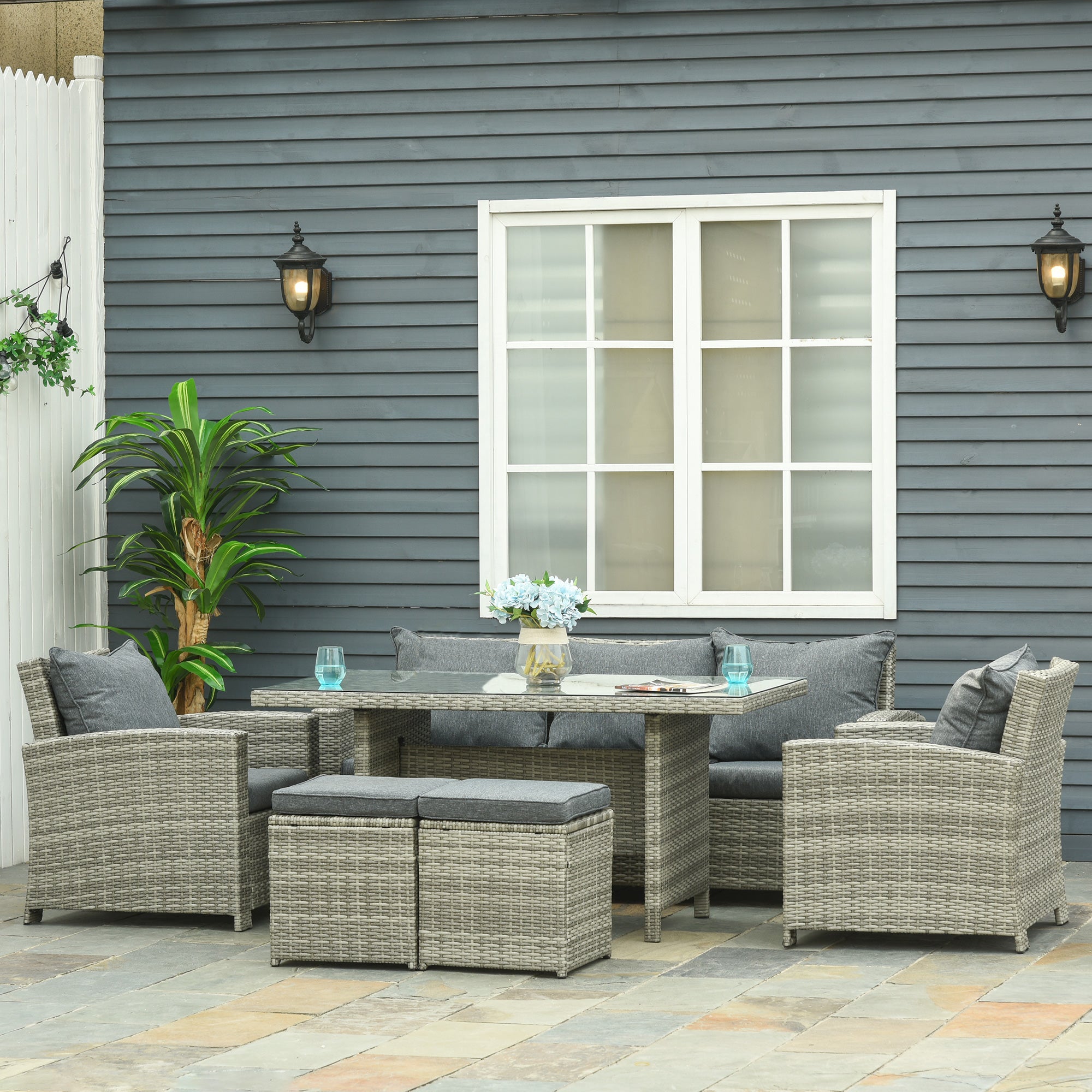 Kozy 6 Pieces PE Rattan Garden Furniture Set with Three-seat, Armchairs and Footstools, Aluminium Patio Wicker Dining Sets w/ Glass Top Dining Table, Soft Cushion, Light Grey