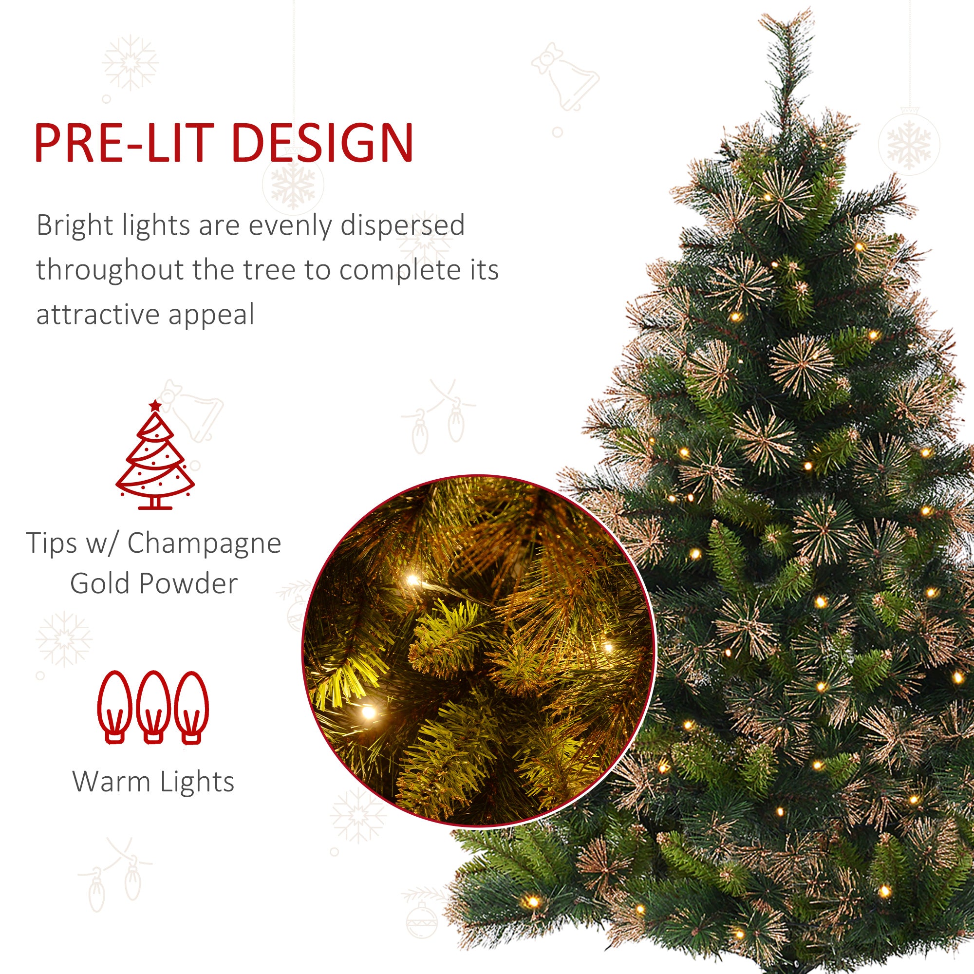 HOMCOM 1.5m Prelit Christmas Tree Artificial Tree, Metal Stand