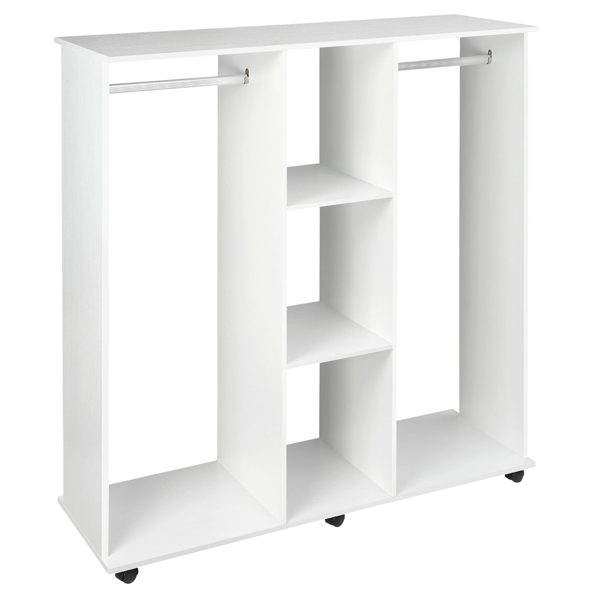Kozy Open Wardrobe Double Mobile Storage Shelves Organizer W/6 Wheels-White