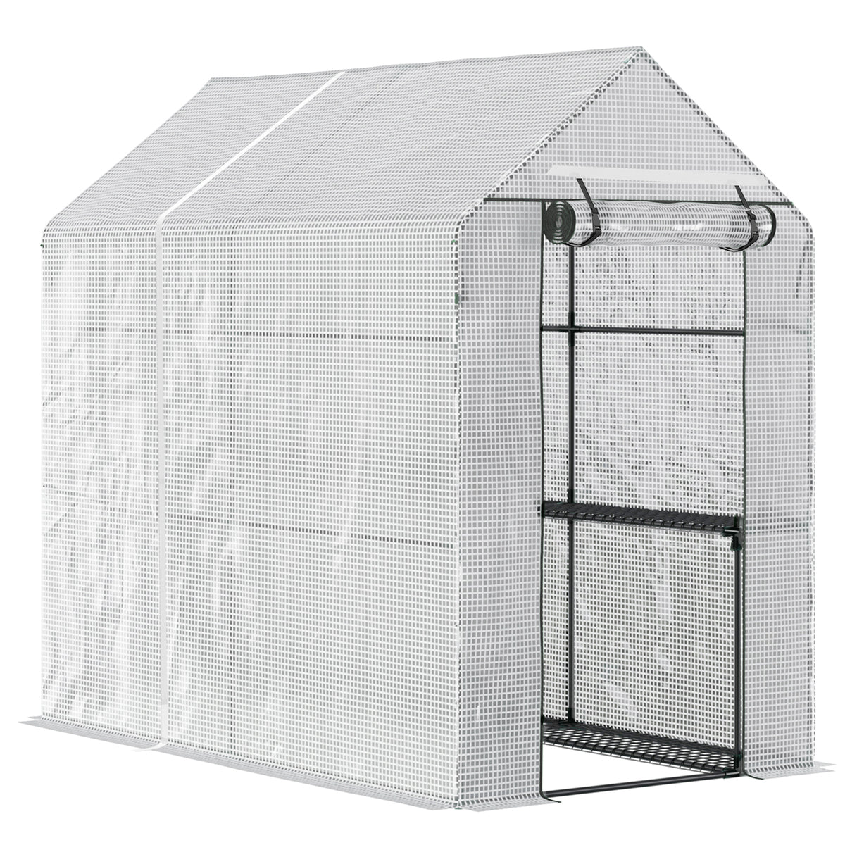 Kozy Walk In Greenhouse with 2-Tier Shelves, Roll up Zip Panel Door, Garden Polytunnel Steeple Grow House for Outdoor, 6 x 4 x 6ft White
