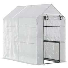 Kozy Walk In Greenhouse with 2-Tier Shelves, Roll up Zip Panel Door, Garden Polytunnel Steeple Grow House for Outdoor, 6 x 4 x 6ft White