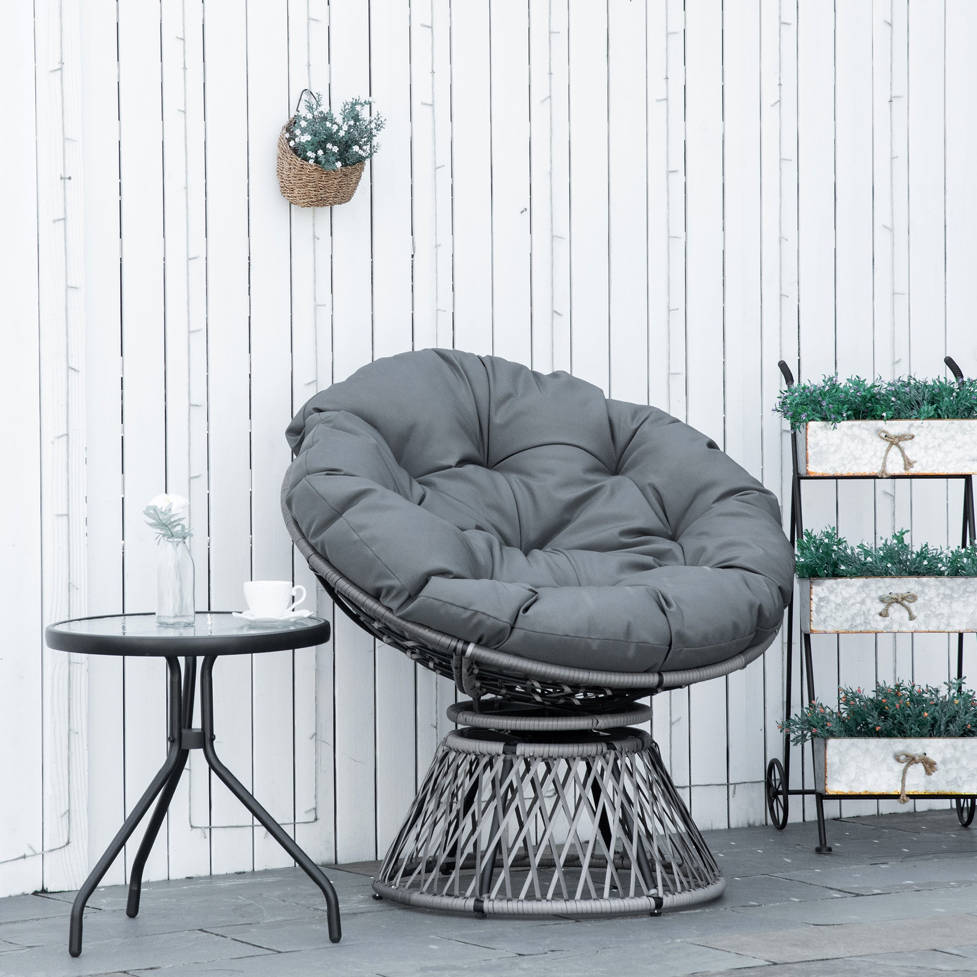 Kozy 360° Swivel Rattan Papasan Moon Bowl Chair Round Lounge Garden Wicker Basket Seat with Padded Cushion Oversized for Outdoor Indoor, Grey