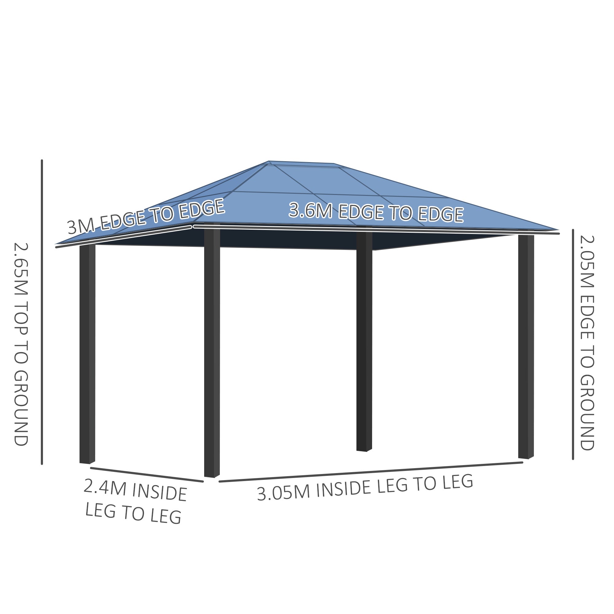 Outsunny 3.6 x 3(m) Polycarbonate Hardtop Gazebo with LED Solar Light and Aluminium Frame, Garden Pavilion with Mosquito Netting and Curtains