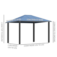 Outsunny 3.6 x 3(m) Polycarbonate Hardtop Gazebo with LED Solar Light and Aluminium Frame, Garden Pavilion with Mosquito Netting and Curtains