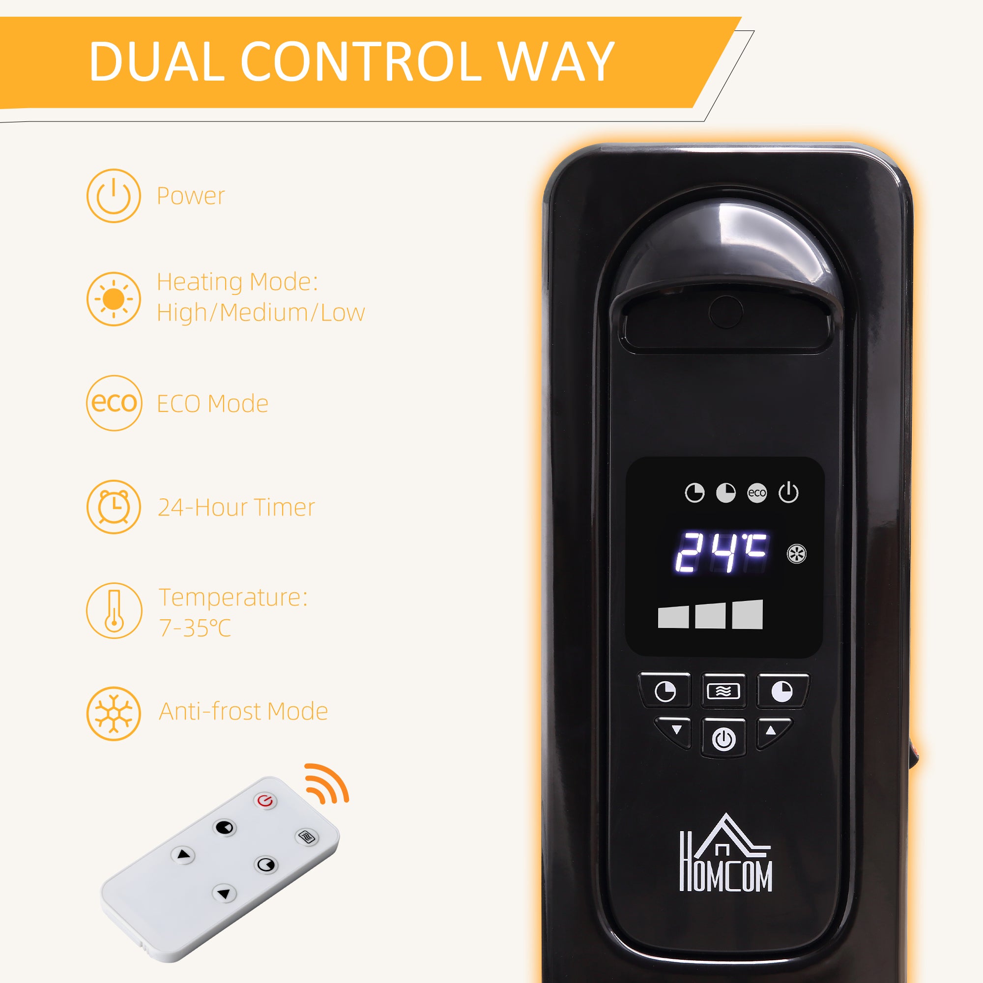 Kozy 2500W Digital Display Oil Filled Radiator, 11 Fin Portable Electric Heater with Timer, Adjustable Thermostat, Three Heat settings, Safety Cut Off, Remote, Black