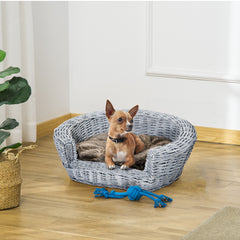 PawHut Pet Sofa Bed, Willow Rattan Basket with Soft Cushion, Durable, for Cats & Small Dogs, 57L x 46W x 17.5H cm, Grey