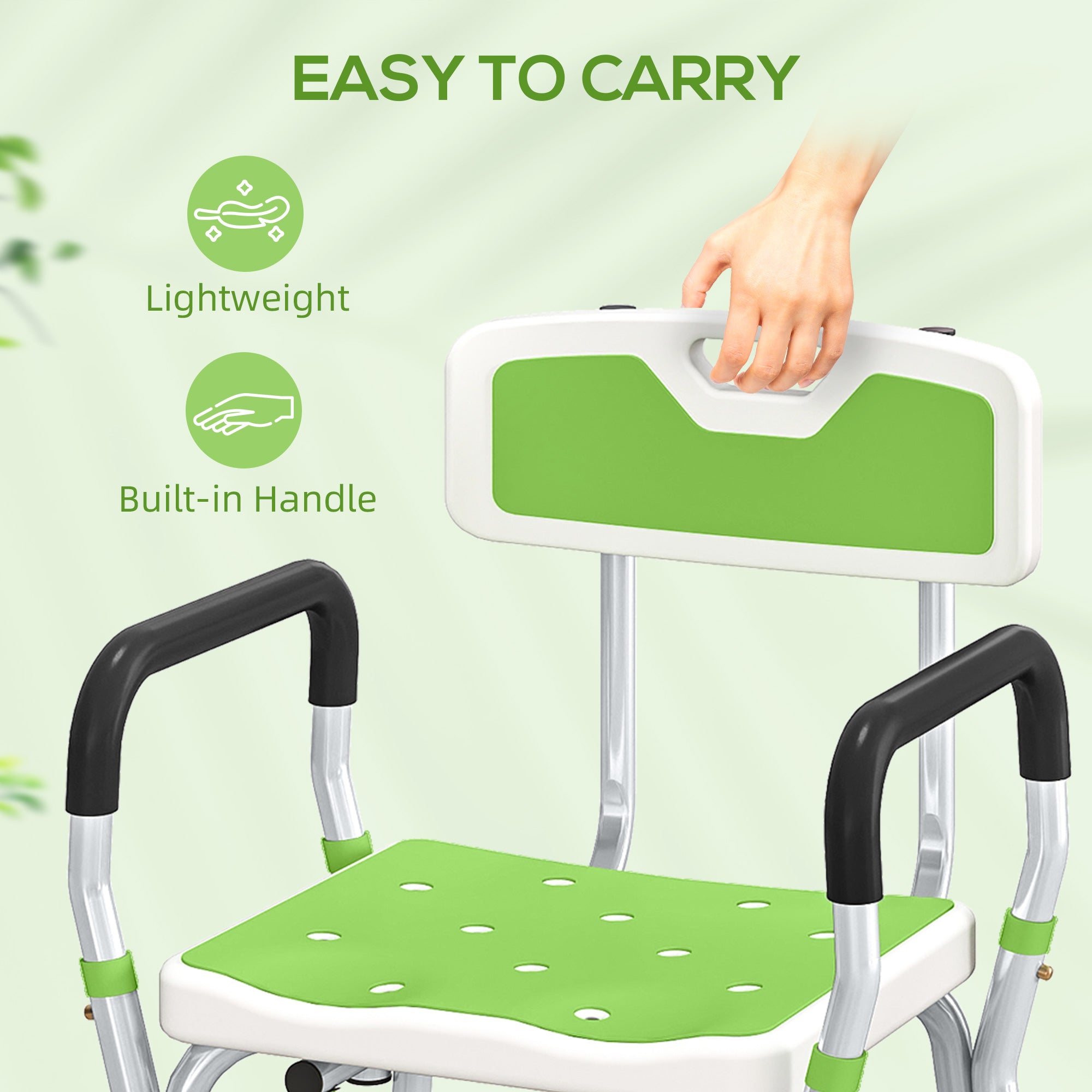 Kozy - EVA Padded Shower Chair for the Elderly and Disabled, Height Adjustable Shower Stool with Back and Arms, 4 Suction Foot Pads, Green