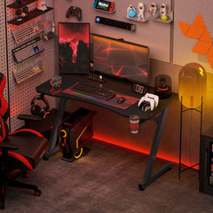 Kozy Gaming Desk 120 x 65 cm Steel Frame with Cup Holder, Headphone Hook, Adjustable Feet and Cable Organiser, Home Office Computer Table, Black