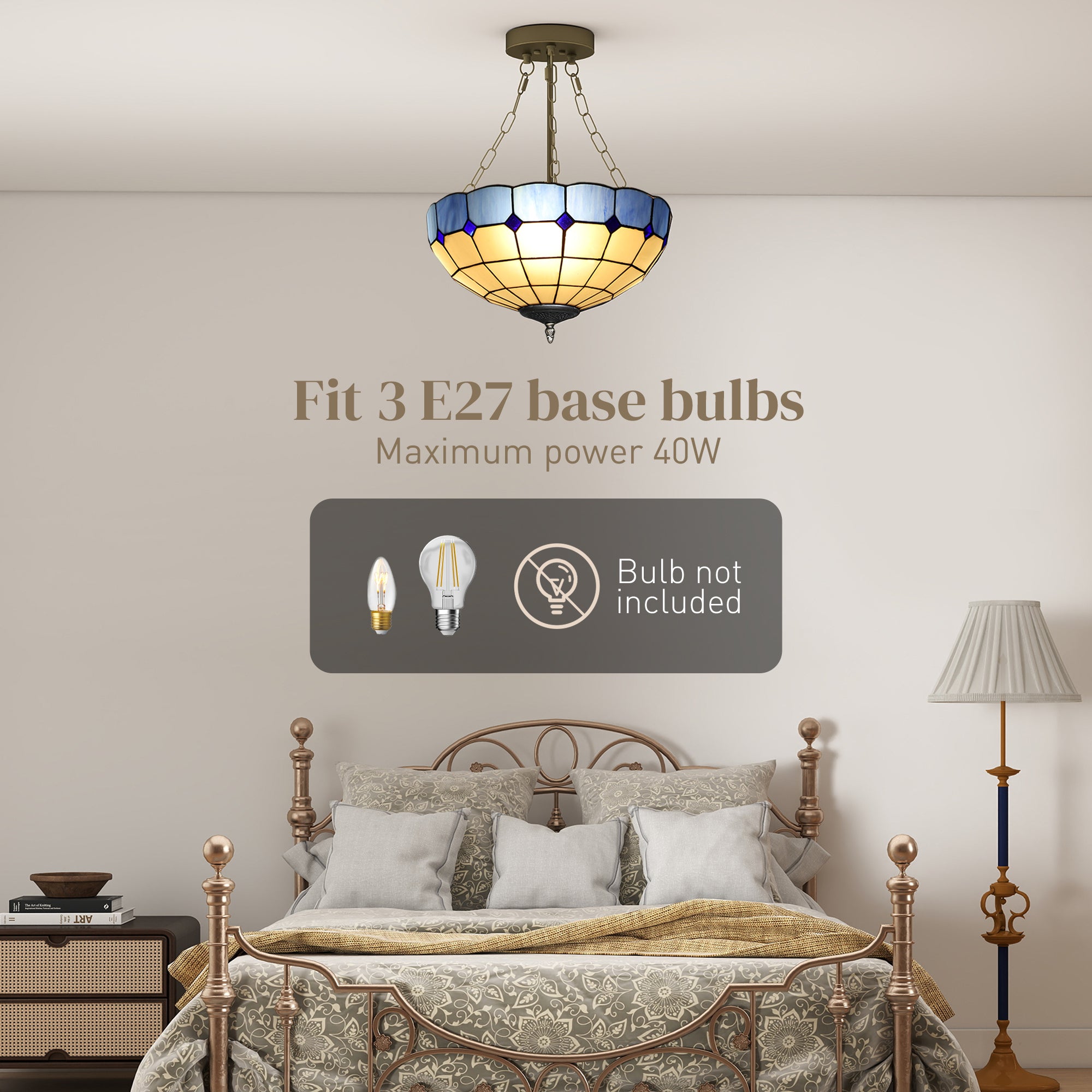 Kozy Tiffany Style Ceiling Light, Vintage Chandelier with 3 E27 Sockets, Semi Flush Mount for Living Room, Bulbs Not Included