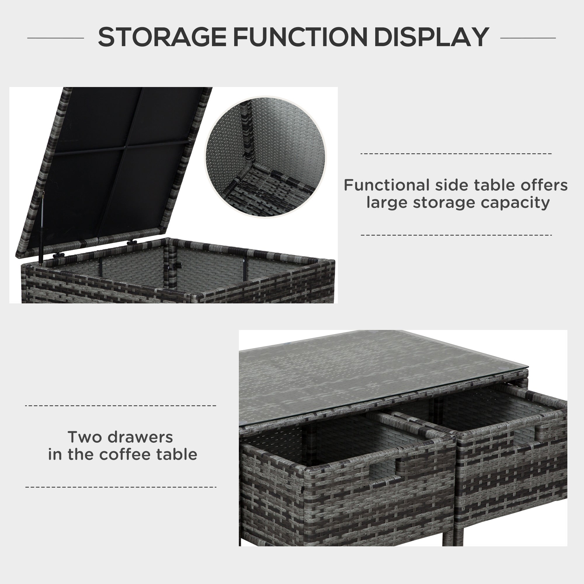 Kozy 4 Pcs Rattan Wicker Garden Furniture Patio Sofa Storage & Table Set w/ 2 Drawers Coffee Table,Great Cushioned 4 Seats Corner Sofa - Grey