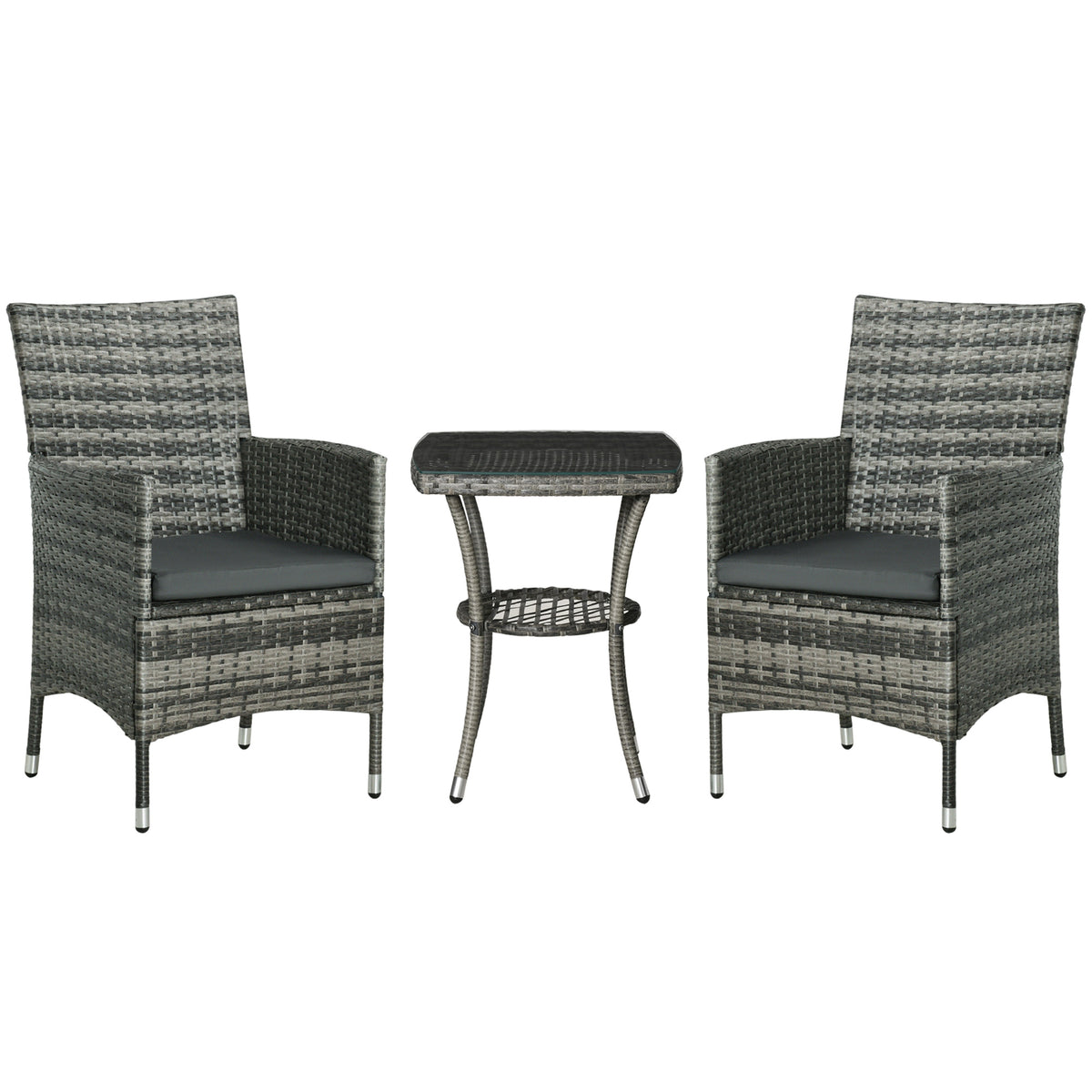 Kozy 3 Pieces Rattan Bistro Set, Wicker Garden Furniture Set with 2-Tier Coffee Table and Chairs, Washable Cushions, for Outdoor Patio Balcony, Mixed Grey