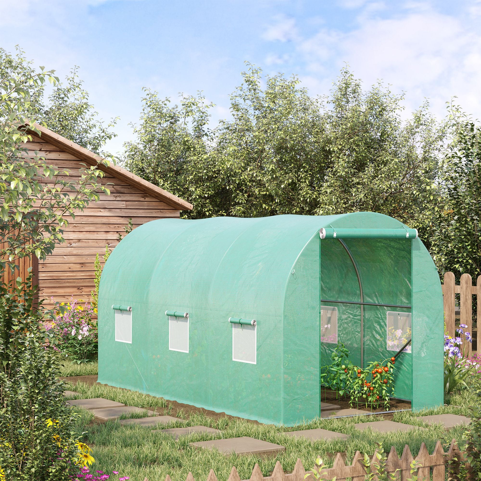 Kozy 4 x 2 x 2 m Polytunnel Greenhouse with Roll-up Door and 6 Mesh Windows, Walk-in Garden Tunnel Warm House Tent with UV-resistant PE Cover and Galvanised Steel Frame, Green