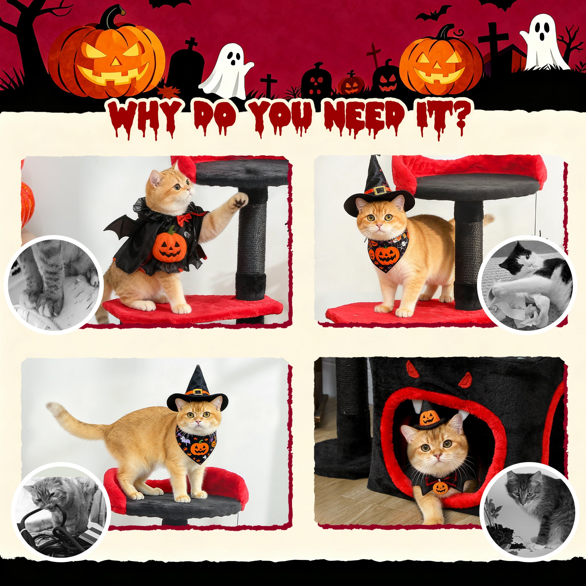 Kozy - Cat Tree, Gothic Cat Tower with Scratching Posts, Cute Condo, Coffin Platform, Bed and Spider Toy, Halloween