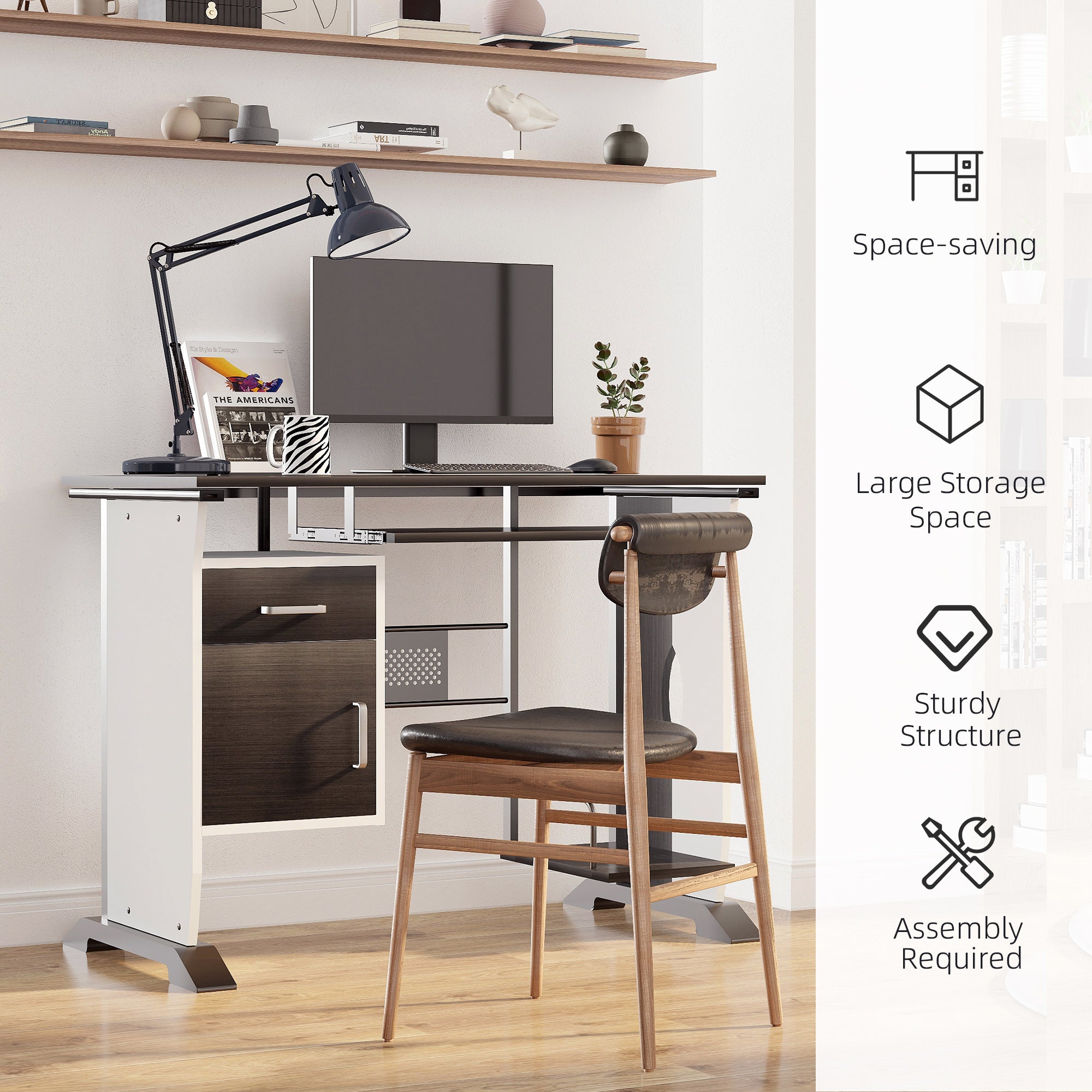 Kozy Computer Desk with Sliding Keyboard Tray, Storage Drawers and Host Box Shelf, Home Office Desk, Study Workstation, 100 x 52 x 75cm, Black Walnut