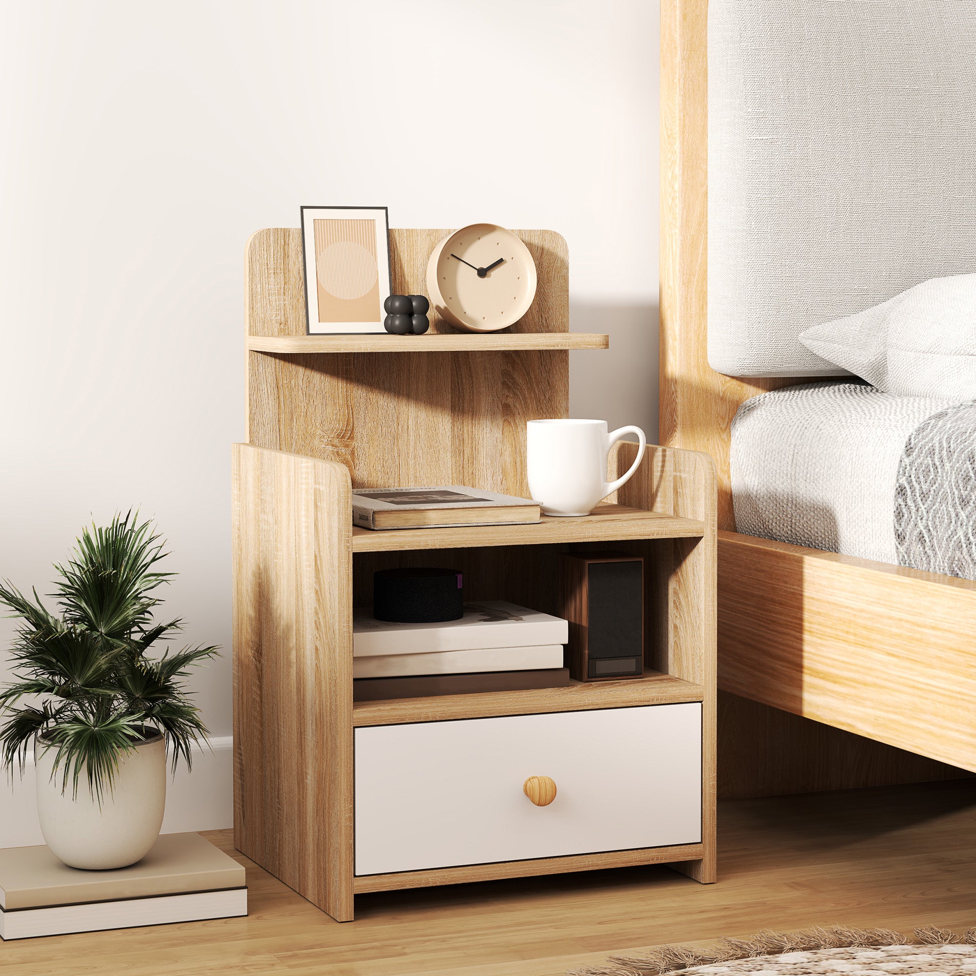 Kozy - Multi-Storage Bedside Table - White/Wood-Effect