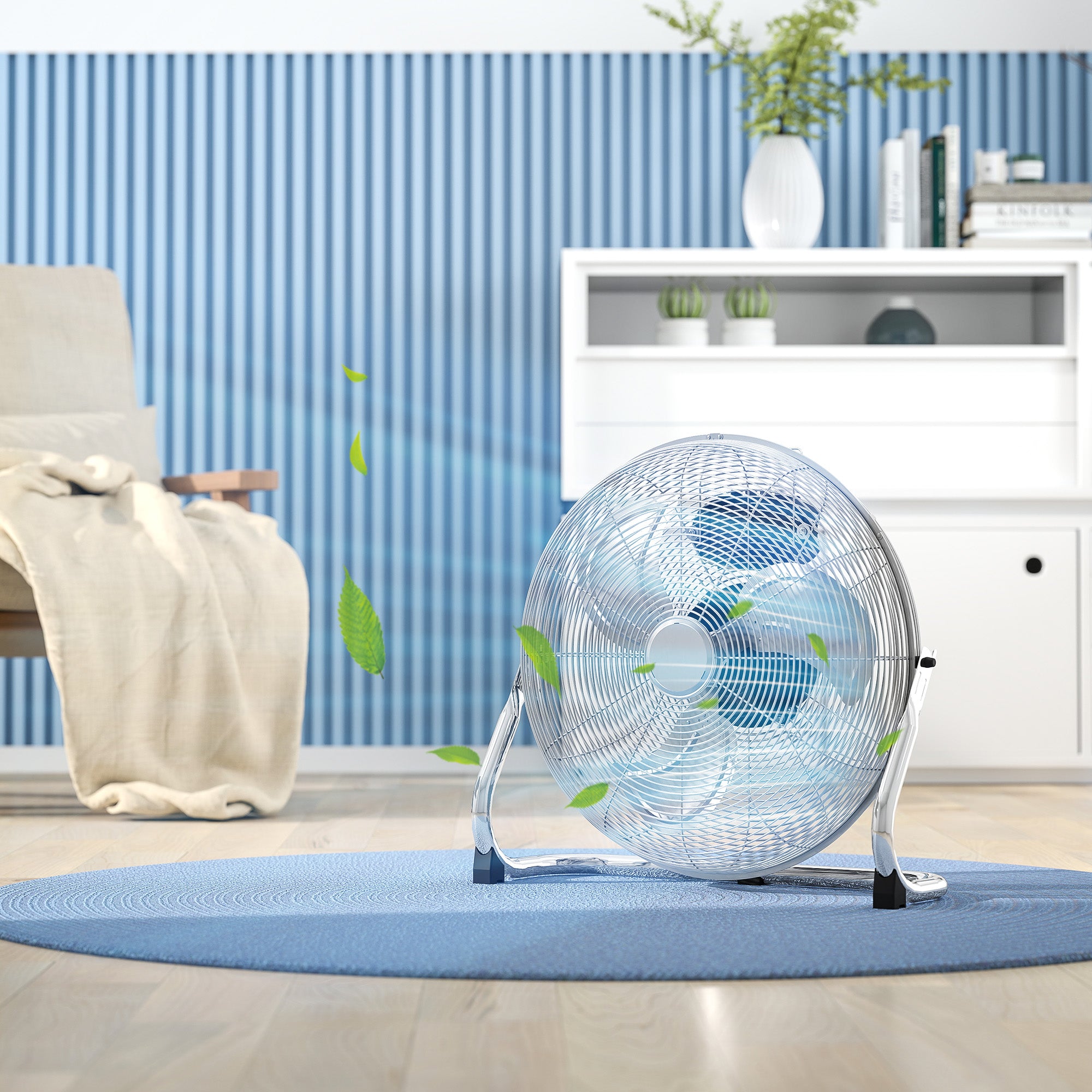Kozy 20" Chrome Metal Floor Fan with Tilting, High Velocity, 3 Speed, Portable Gym Fan for Home Office, Silver