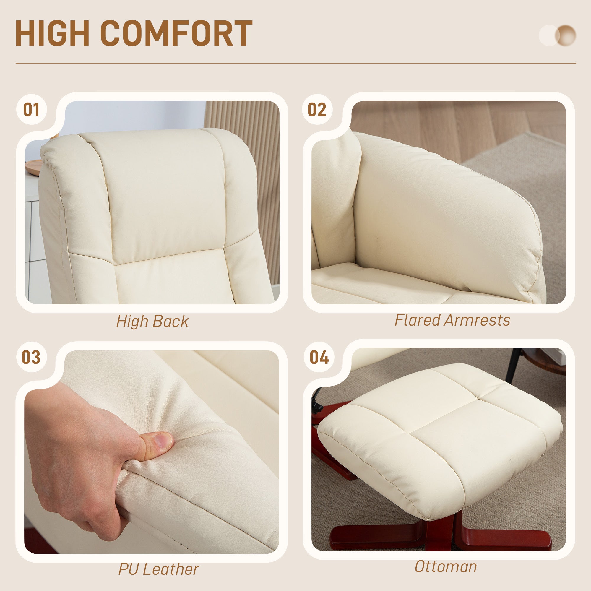 Kozy - Rocking Recliner Chair with Footstool, PU Leather Recliner Armchair with Wood Base, Upholstered Reclining Chair for Living Room Bedroom, Cream