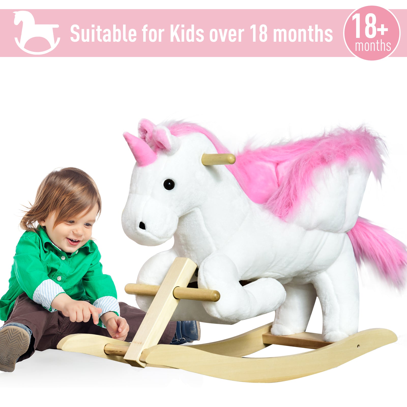 HOMCOM Unicorn Rocking Horse Kids Wooden Ride On Plush Toy w/ Music