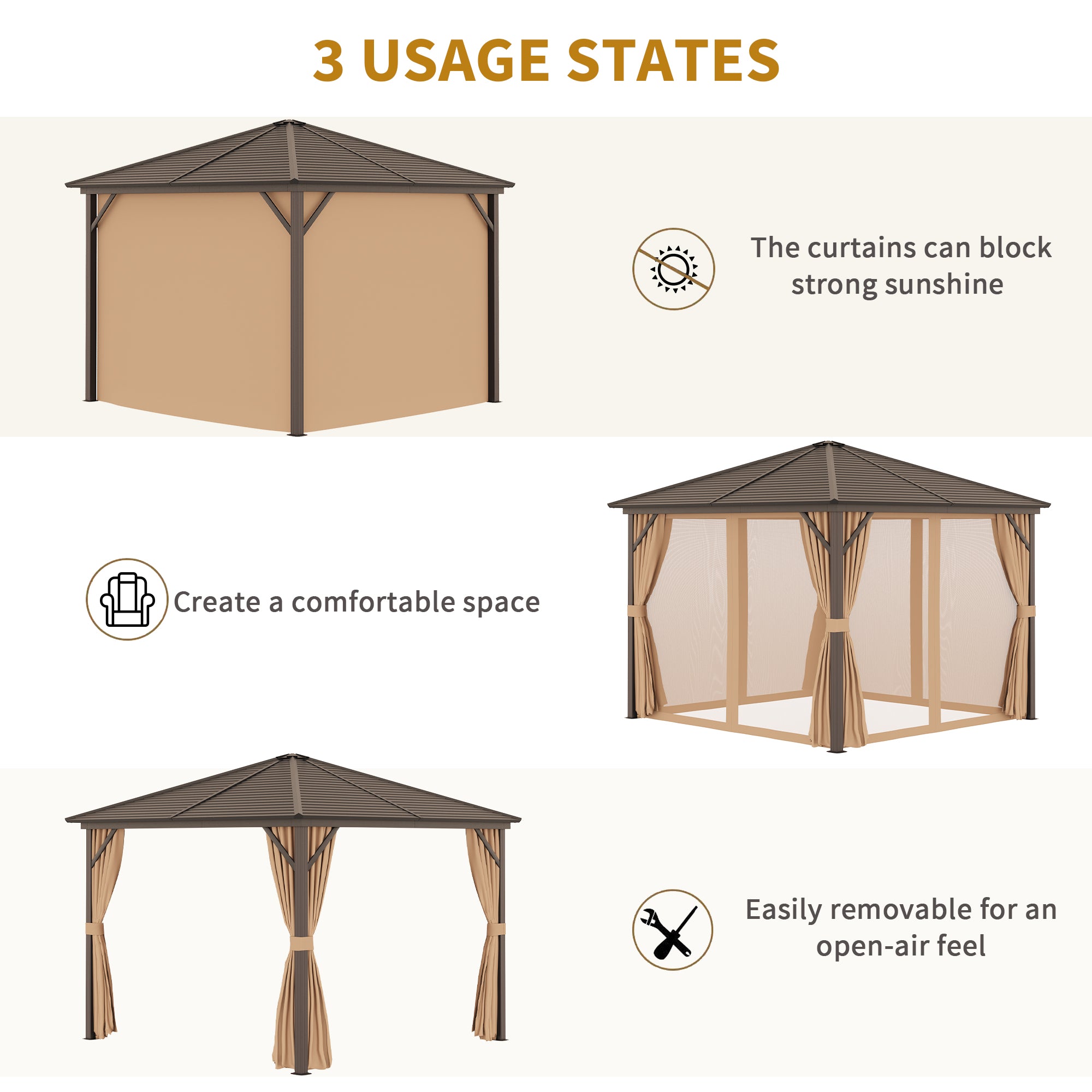 Outsunny Steel Hardtop Gazebo Patio Tent Outdoor Sun Shelter Aluminum w/ Curtain