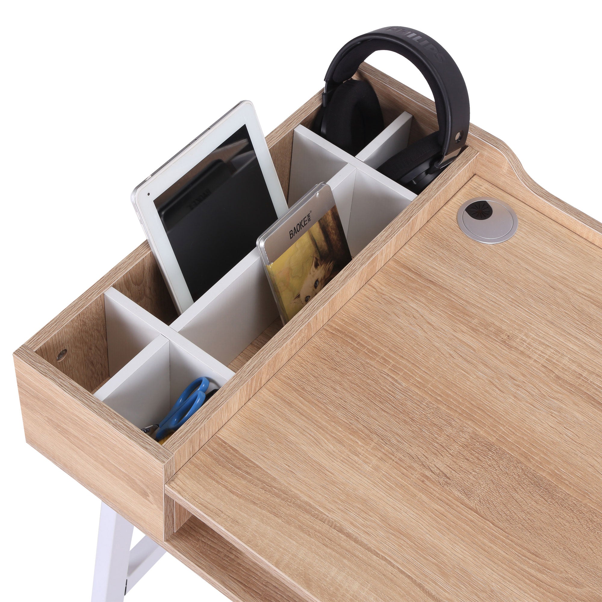 Kozy Computer Desk, Writing Desk, Study Workstation with Drawer, Storage Compartments, Cable Management, Laptop Table, Metal Frame, 100 x 55 x 81.5cm, Oak and White