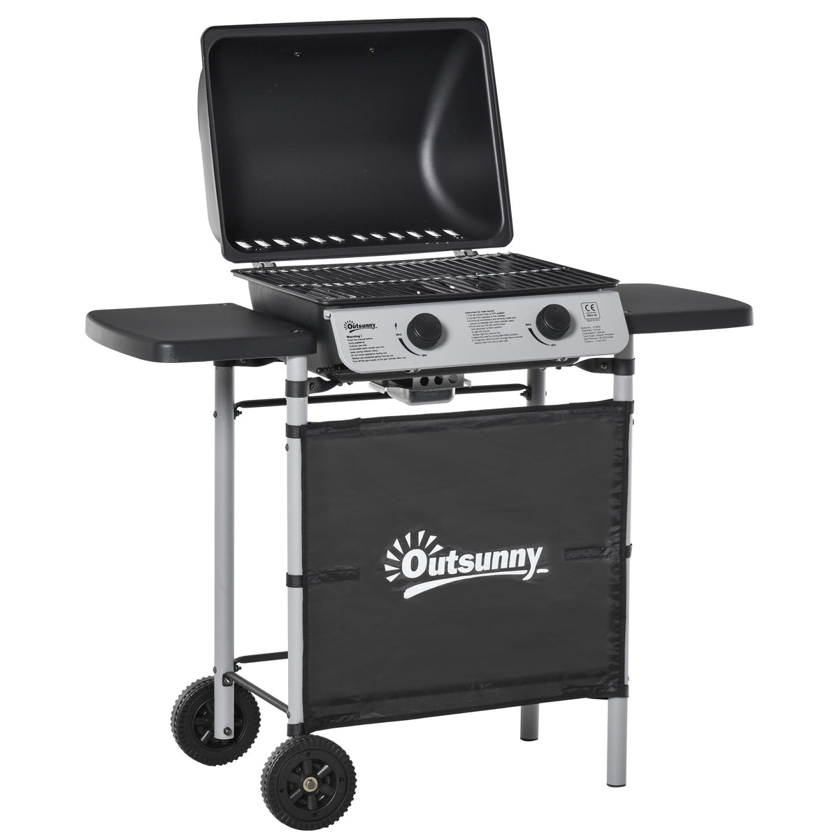 Kozy 2 Burner Gas BBQ Trolley with Lid, 5.6 kW Gas Barbecue Grill with Wheels, Side Shelves, Black