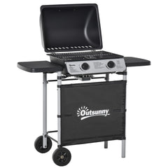 Kozy 2 Burner Gas BBQ Trolley with Lid, 5.6 kW Gas Barbecue Grill with Wheels, Side Shelves, Black