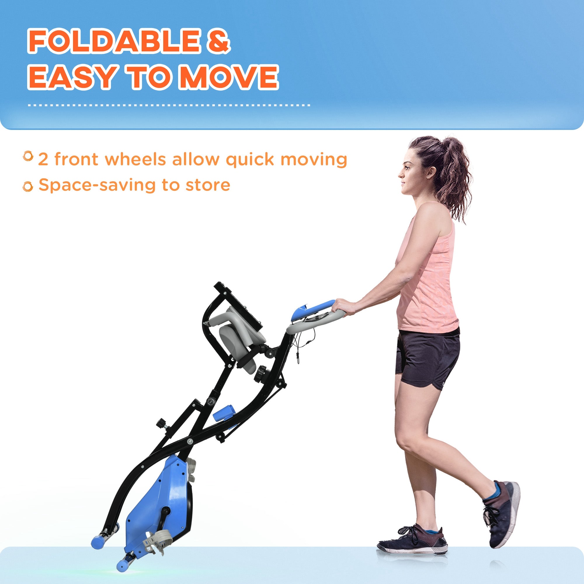 Kozy 2-in-1 Folding Exercise Bike with 8-Level Magnetic Resistance, Arm Resistance Band, Pulse Sensor, Blue