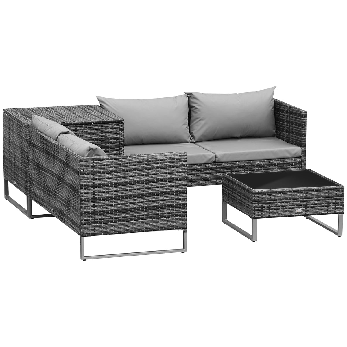 Kozy 4pc Garden Rattan Wicker Outdoor Furniture Patio Corner Sofa Love Seat and Table Set  with Cushions Side Desk Storage, Mixed Grey