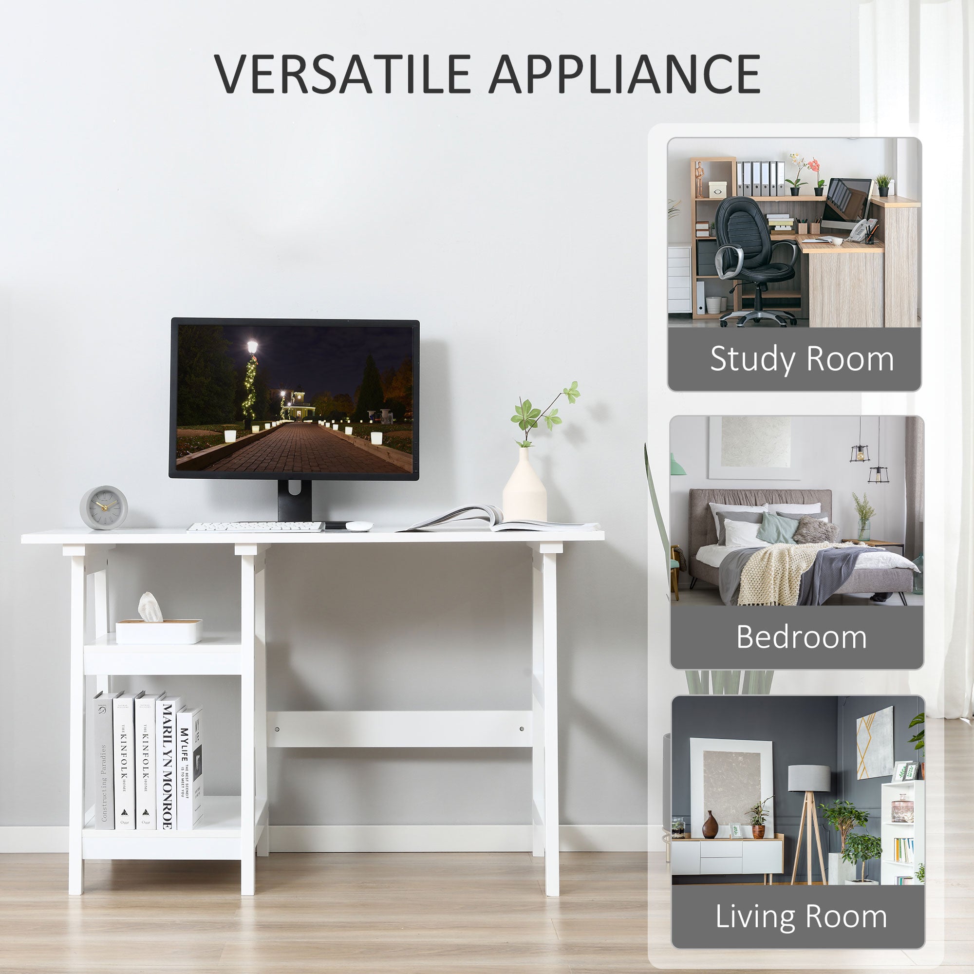 Kozy Compact Computer Desk with Storage Shelves, Study Table with Bookshelf, PC Table Workstation for Home Office, Study, Easy Assembly, 120 x 51cm, White